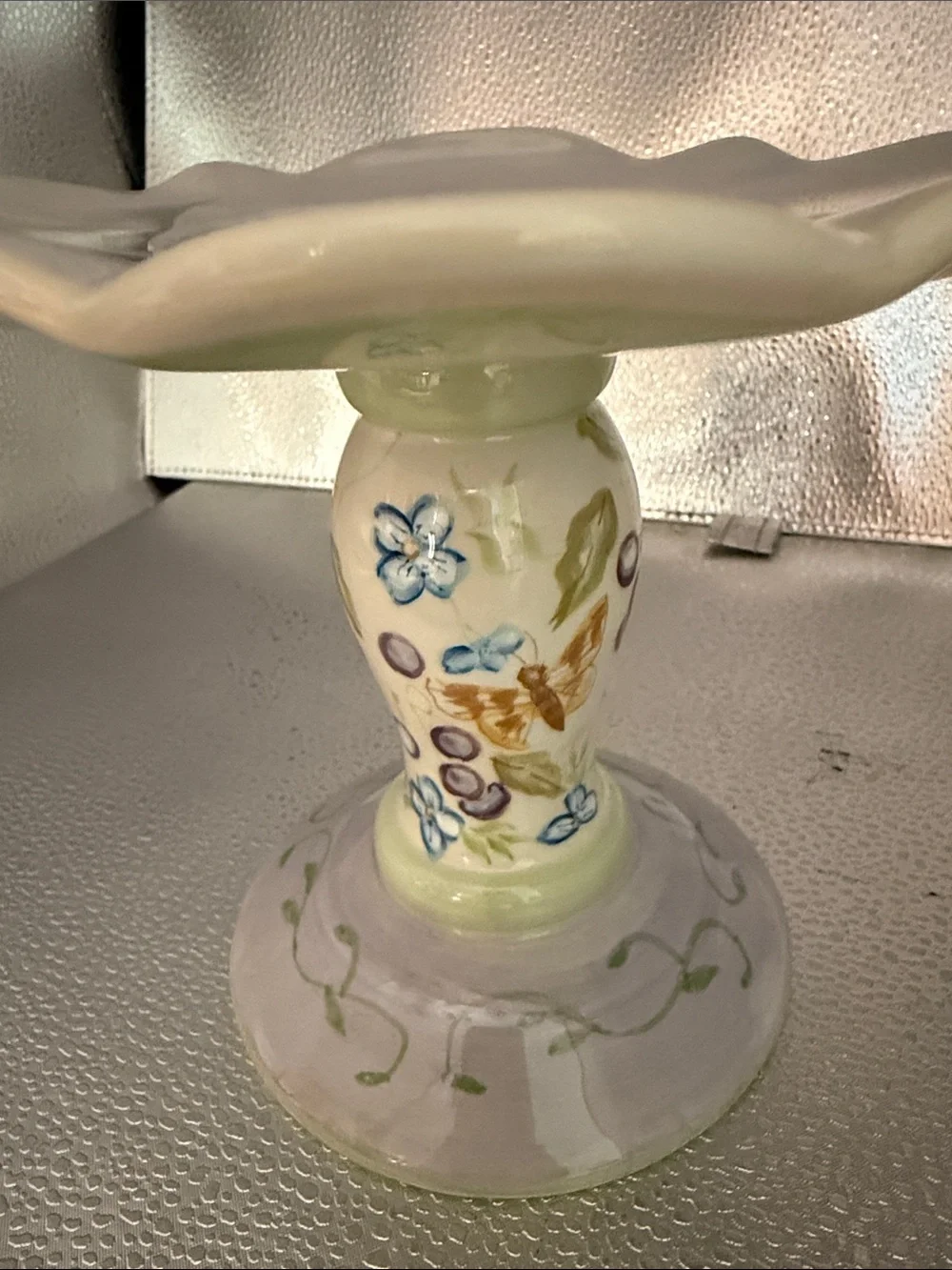 Hand-Painted Floral Ceramic Pillar Candle Holder in Soft Pastels